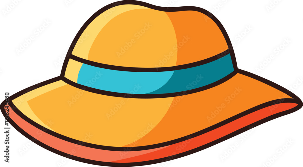 Summer beach hat vector illustration, straw sun hat, holiday fashion accessory, tropical vacation, trendy headwear, seaside style, summer outfit, travel icon. Summer beach hat vector illustration, straw sun hat, holiday fashion accessory, tropical vacation, trendy headwear, seaside style, summer outfit, travel icon.