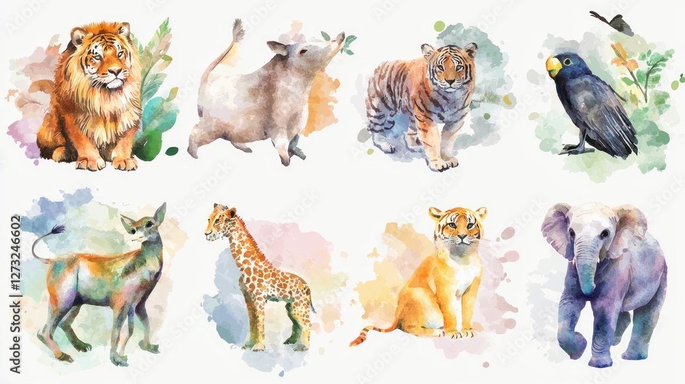 Fototapeta premium A set of watercolor-painted animals in a soft, artistic design
