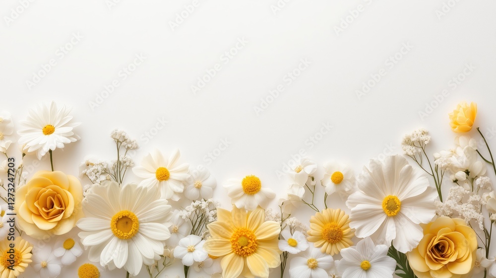 Obraz premium Yellow and white flowers arranged at bottom on white background. Springtime invitations, floral branding