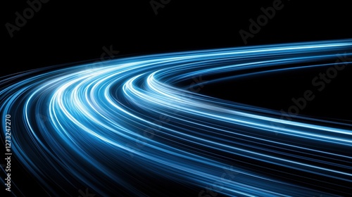 Blue light trails curving through black space. technology and speed visualization