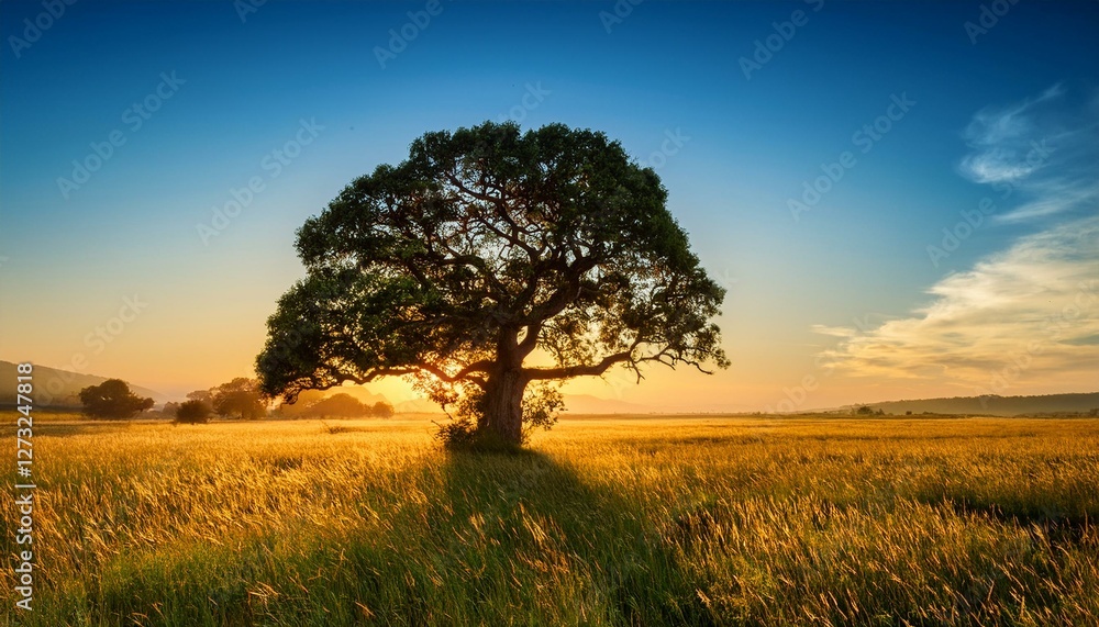 Big old tree in middle of the field at sunset Big old tree in middle of the field at sunset