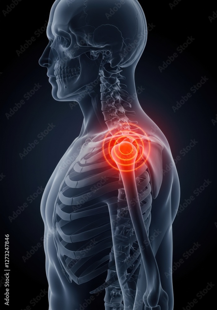 3D medical illustration of shoulder pain with highlighted inflammation area. 3D medical illustration of shoulder pain with highlighted inflammation area.