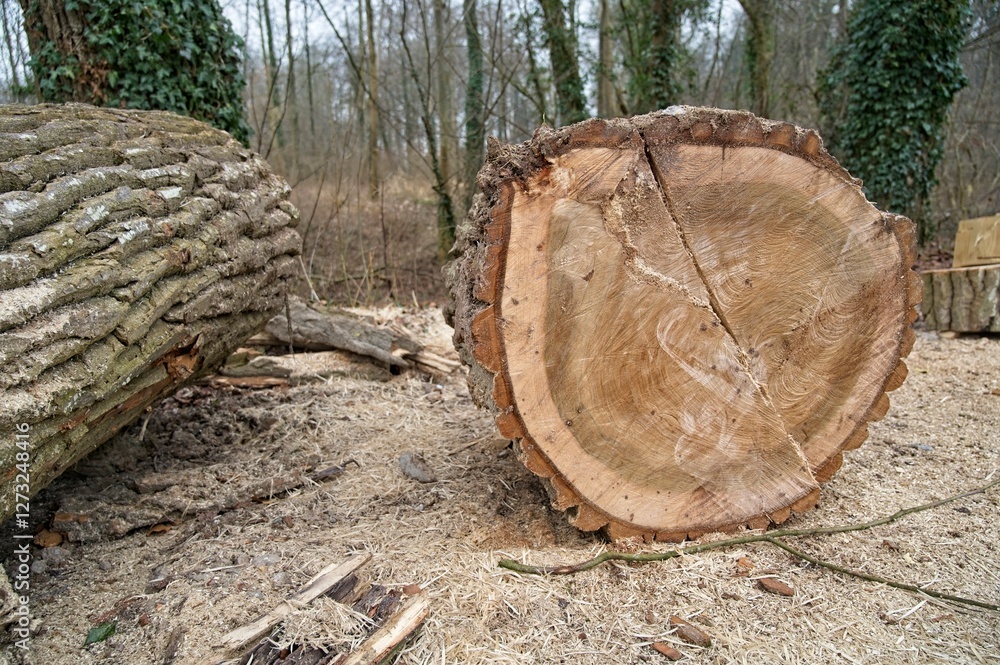 Thick newly sawn trunk of poplar tree with sawdust on the ground. Thick newly sawn trunk of poplar tree with sawdust on the ground.