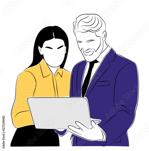 Business team members working together scene. Business man, woman Meeting, brainstorming, discussing, taking part in business activities. Vector colored line art illustration