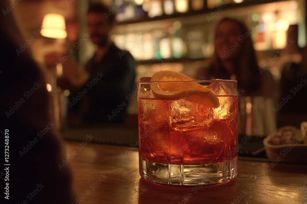 Close-up of a refreshing Negroni cocktail with an orange peel garnish on a bar counter, blurred bartenders and patrons in the background. Close-up of a refreshing Negroni cocktail with an orange peel garnish on a bar counter, blurred bartenders and patrons in the background.