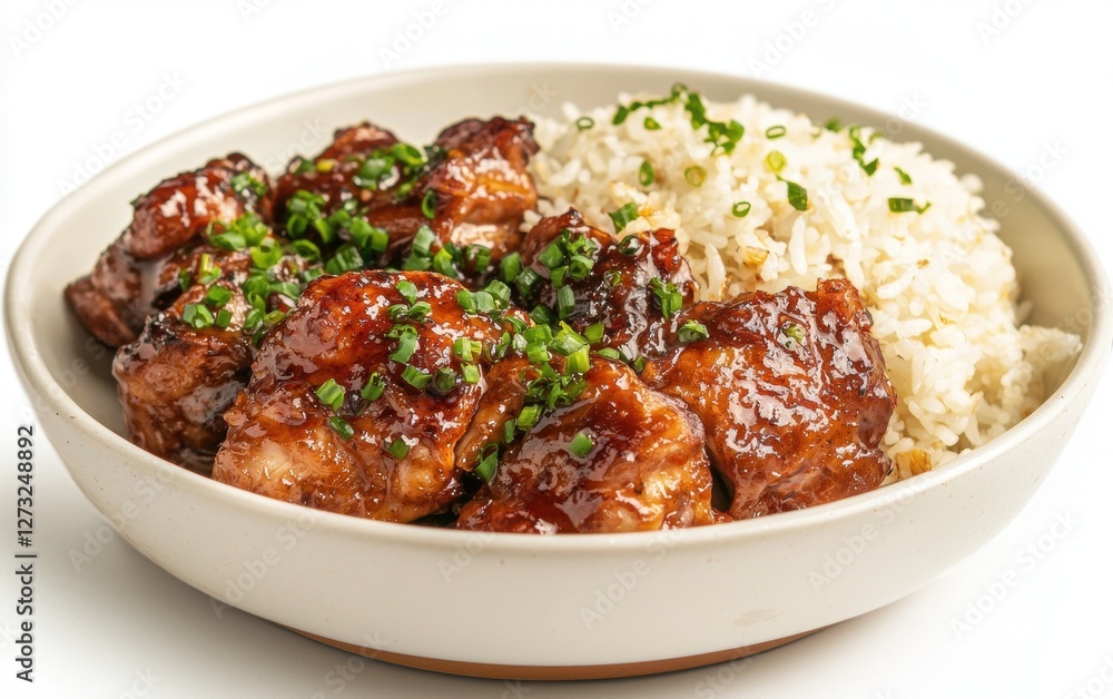 Midair serving of Filipino adobo chicken with garlic rice, isolated on a white background Midair serving of Filipino adobo chicken with garlic rice, isolated on a white background