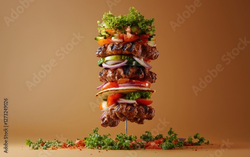 Midair serving of Turkish dÃ?ner kebab with fresh vegetables, isolated on a bright background photo