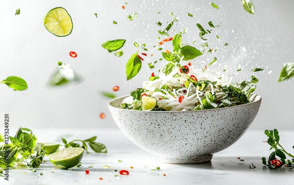 Midair Vietnamese pho with fresh herbs and lime wedges, isolated on a bright background Midair Vietnamese pho with fresh herbs and lime wedges, isolated on a bright background