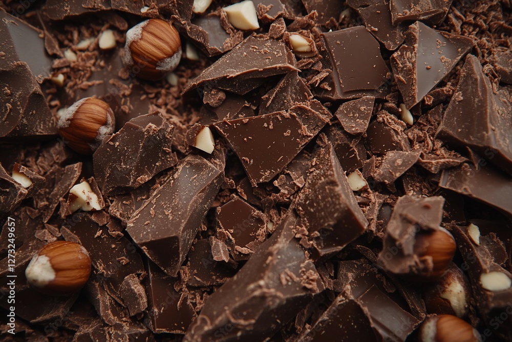 Close-up of broken pieces of dark chocolate with hazelnuts. Close-up of broken pieces of dark chocolate with hazelnuts.