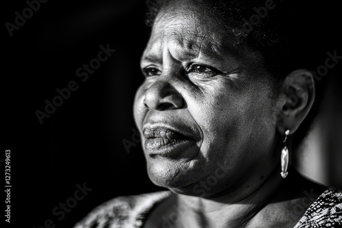 Thoughtful Elder Woman in Black and White Portrait with Earring