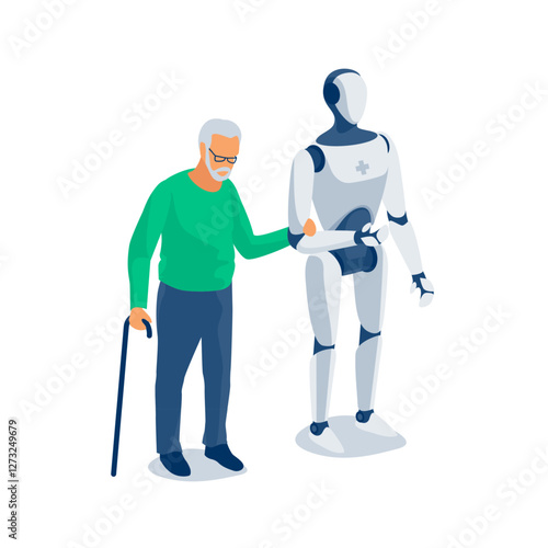 Humanoid robot nurse taking care of old man. Pensioner senior holding hand AI android assisting. Robot helping and supporting senior grandfather. Granddad loneliness, artificial intelligence future.