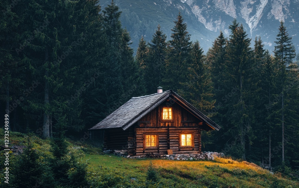 A secluded wooden cabin in the mountains, surrounded by tall fir trees A secluded wooden cabin in the mountains, surrounded by tall fir trees