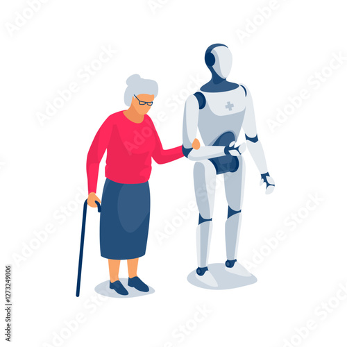 Humanoid robot nurse taking care of old woman. Pensioner senior holding hand AI android assisting. Robot helping and supporting senior grandmother. Grandma loneliness, artificial intelligence future.