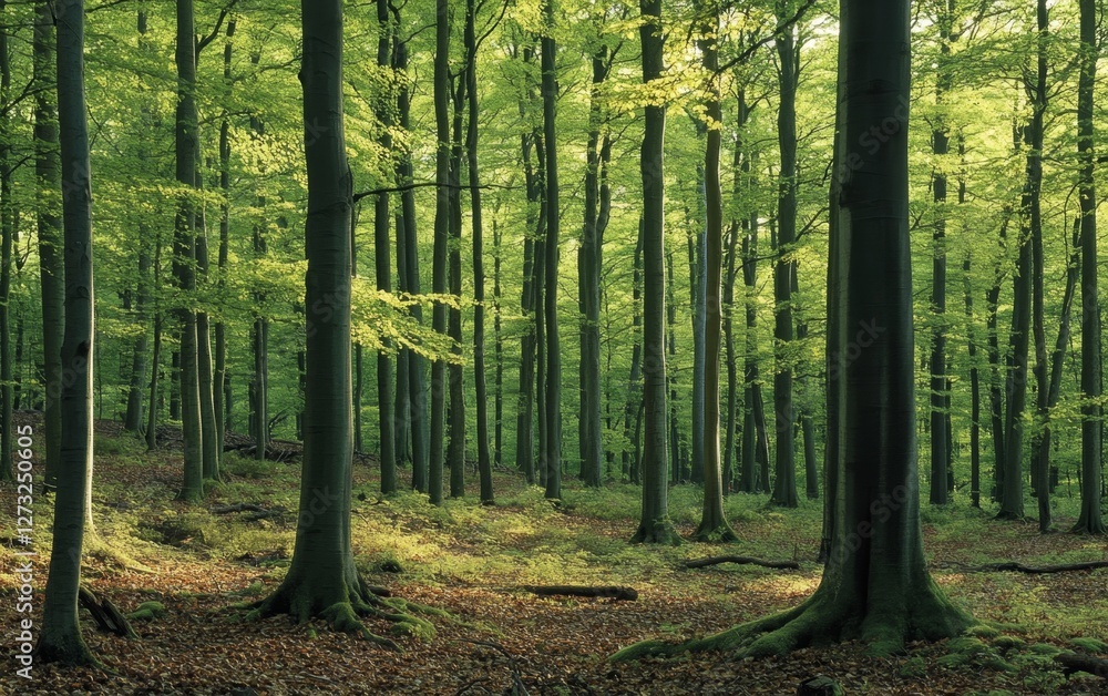 Fototapeta premium Sunlight filters through beech forest