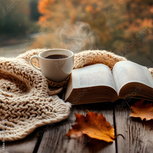 A cozy autumn scene with a steaming cup of coffee, open book, knitted blanket, and fallen leaves on a wooden table, warm earthy tones.