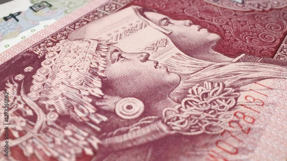 Ultra-close shot of a 5 Chinese Wu Jiao banknote in motion with a smooth sliding effect Ultra-close shot of a 5 Chinese Wu Jiao banknote in motion with a smooth sliding effect