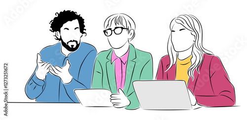 Business team members working together scene. Business men, women Meeting, brainstorming, discussing. Employers doing interview. Vector colored line art illustration