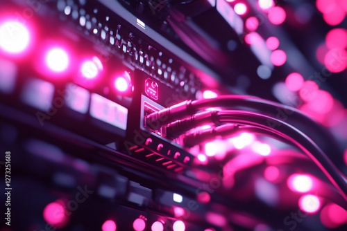 Wallpaper Mural Close-up of network cables plugged into server rack with pink lighting. Torontodigital.ca