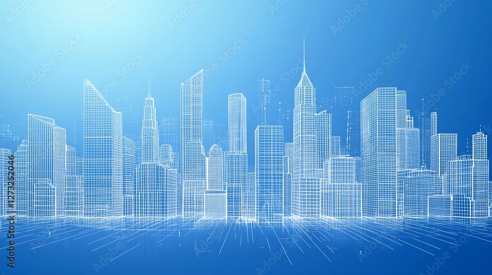 Fototapeta premium Abstract wireframe cityscape with futuristic design on gradient blue background, architecture design