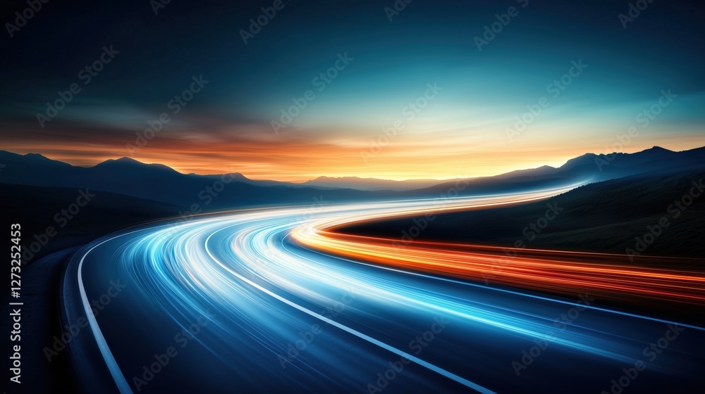 Naklejka premium Light trails on highway against sunset and mountain landscape. speed and technology