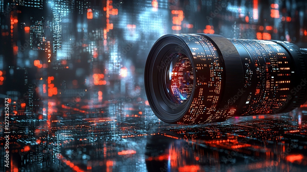 Futuristic camera lens with digital code background.