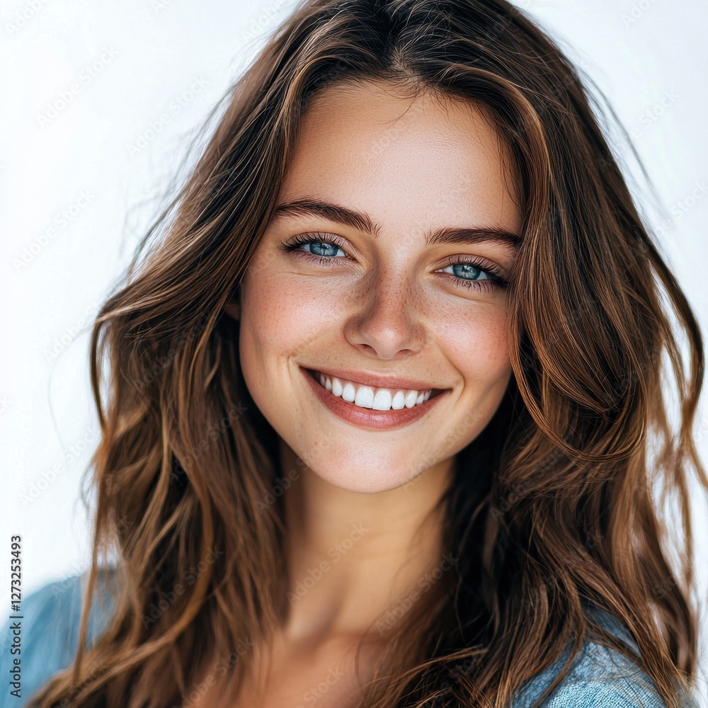 Naklejka premium Isolated on white Happy young woman portrait close-up, bright smile, joyful expression