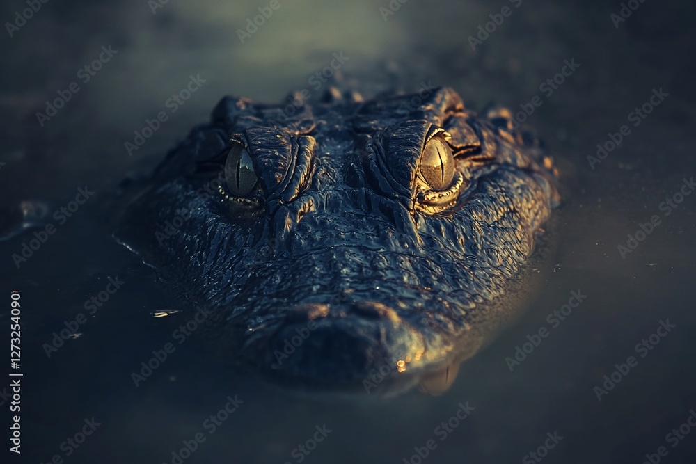 Obraz premium Close-up of an alligator's head partially submerged in murky water at sunset, showcasing its eyes and textured skin.