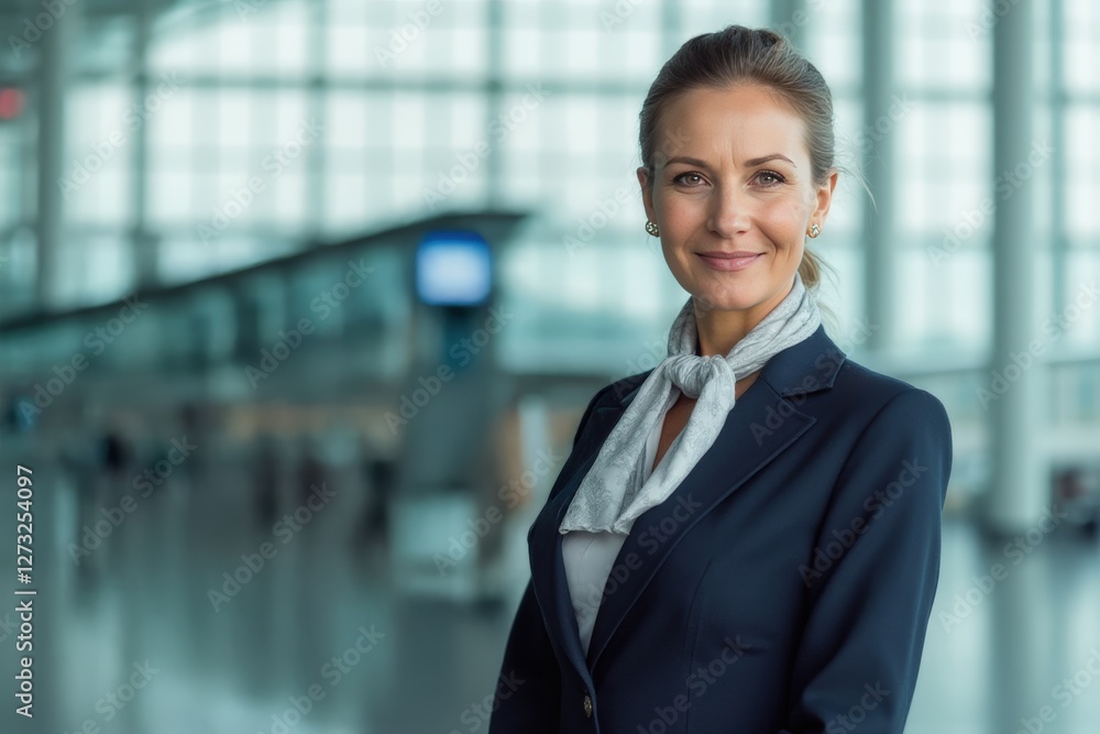 Head and shoulders Portrait of an elegant stylish Greek 40 years old female flight attendant in uniform.