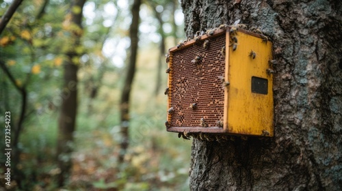 Bees swarming forest hive autumn nature