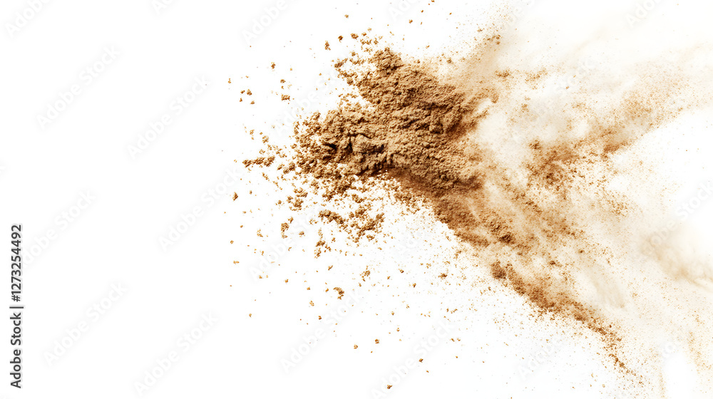 Abstract image of a brown powder explosion against a transparent background. The powder is in motion, creating a dynamic and textured effect Abstract image of a brown powder explosion against a transparent background. The powder is in motion, creating a dynamic and textured effect