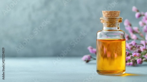 A glass bottle of baobab seed oil sits beside soft pink flowers, highlighting its hydrating, nourishing, and anti-aging benefits.