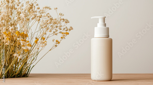 A sleek, minimalist bottle of beta-glucan serum stands beside dried flowers, emphasizing its soothing and hydrating skincare benefits.