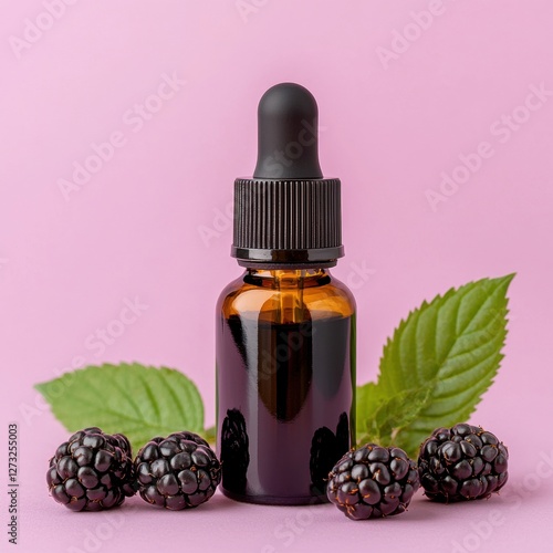 A dark glass dropper bottle is surrounded by fresh blackberries and green leaves, set against a soft pink background, suggesting a natural or organic product.