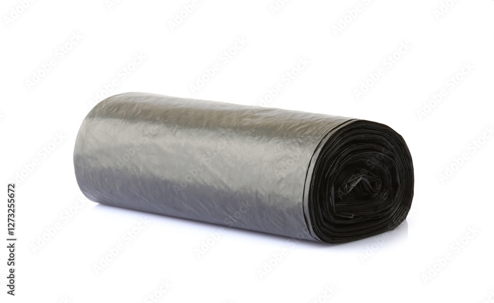 Black plastic trash bag roll isolated on white background with clipping path Black plastic trash bag roll isolated on white background with clipping path