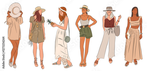 Set of beautiful women in summer beach outfits. Attractive girls wearing boho style summer clothes and hat. Line art, linear, outline, thin line design simple illustration isolated
