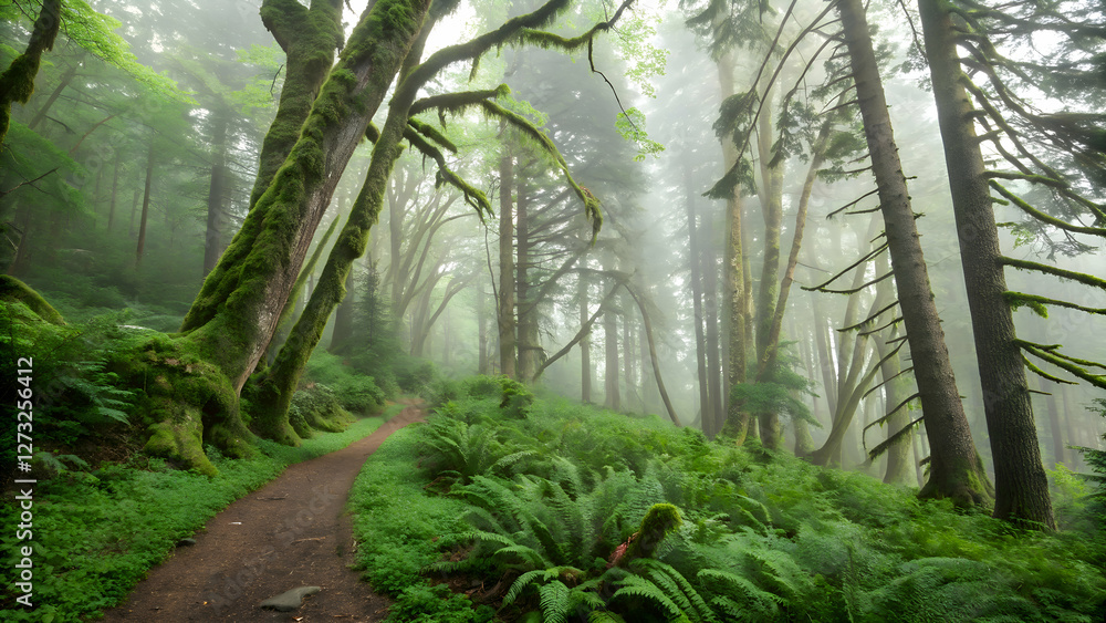 Naklejka premium Misty Forest Path – Serene Nature Landscape