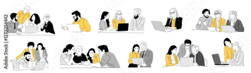 Business team members working together scenes. Business men, women Meeting, brainstorming, discussing, taking part in business activities. Vector colored line art illustration