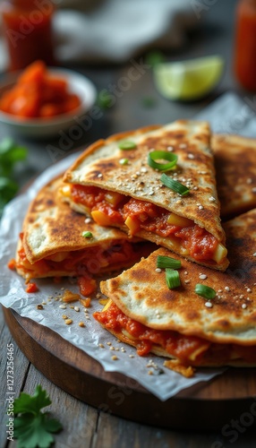 Crispy quesadillas filled with savory ingredients served on a wooden platter with toppings