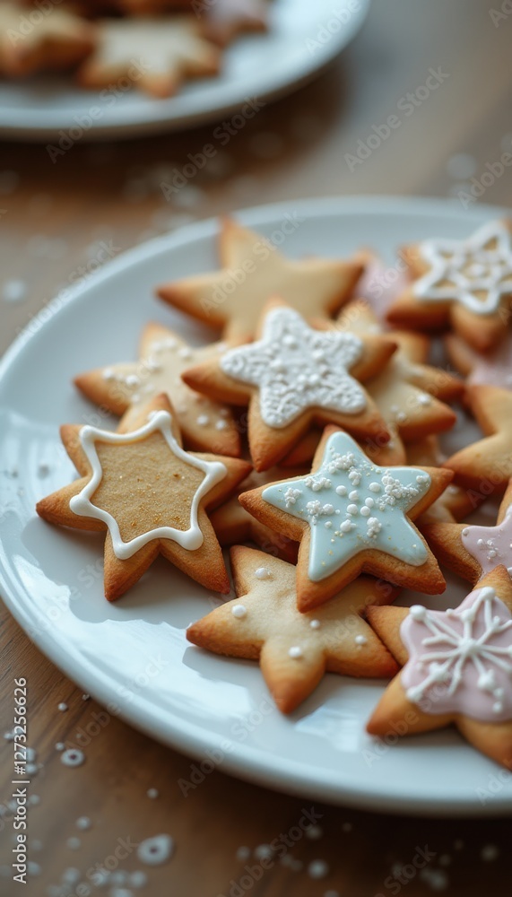 Star-shaped cookies decorated with icing and sprinkles placed on a white plate Star-shaped cookies decorated with icing and sprinkles placed on a white plate