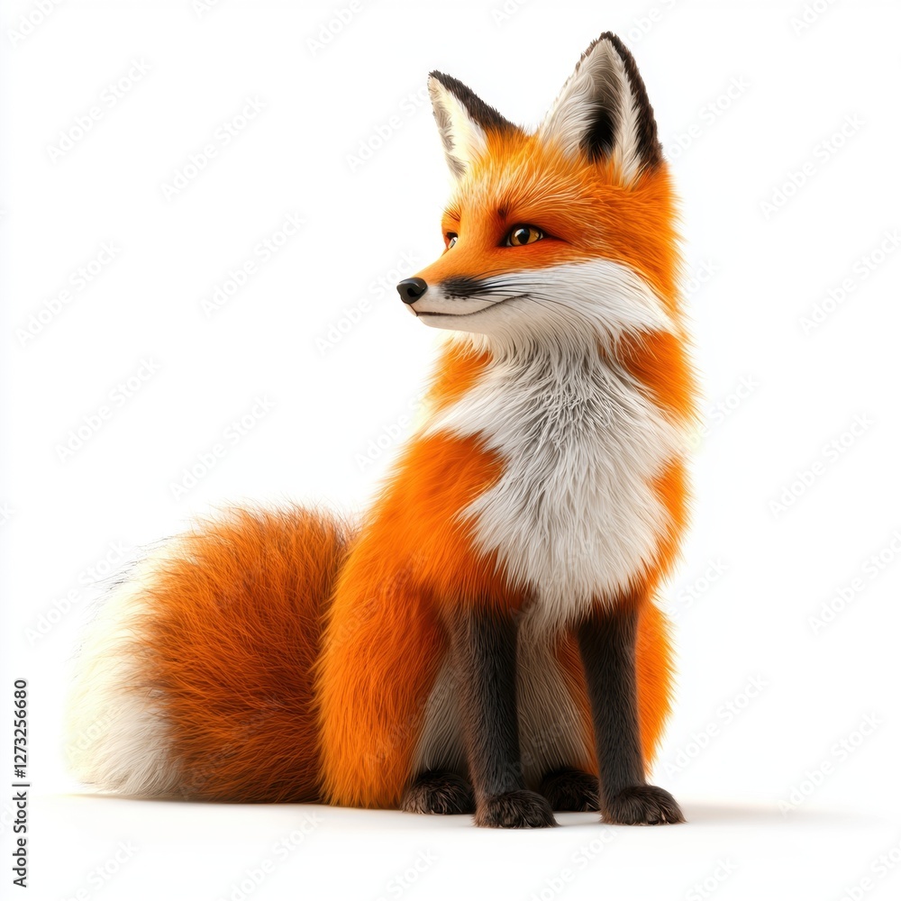 Fototapeta premium Fluffy red fox with a bushy tail isolated on white background