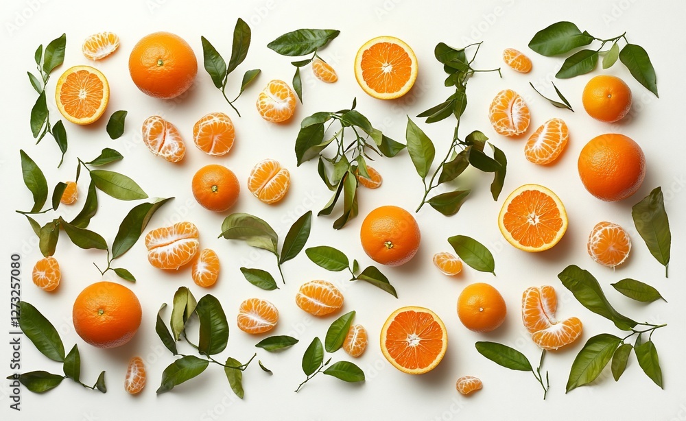Flat lay of oranges, mandarins, and leaves arranged on white background. Flat lay of oranges, mandarins, and leaves arranged on white background.