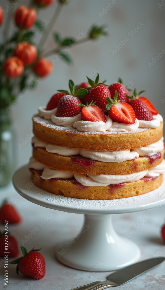 Beautiful layered cake with fresh strawberries and cream on a white cake stand in a bright setting Beautiful layered cake with fresh strawberries and cream on a white cake stand in a bright setting