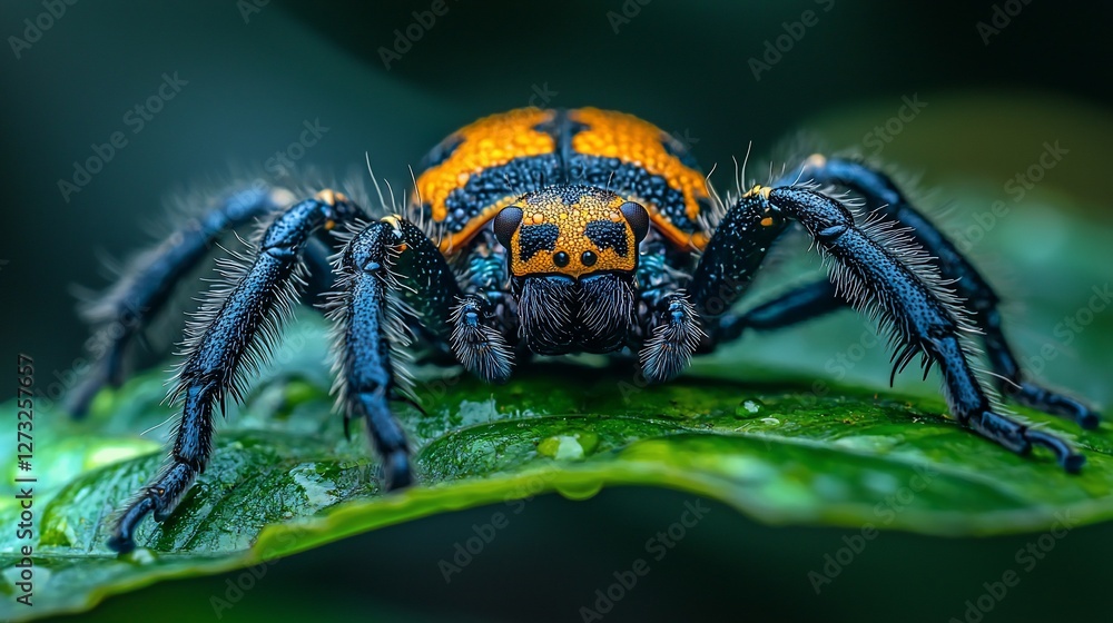 Fototapeta premium Close-up of a vibrant, hairy spider on a dewy leaf.