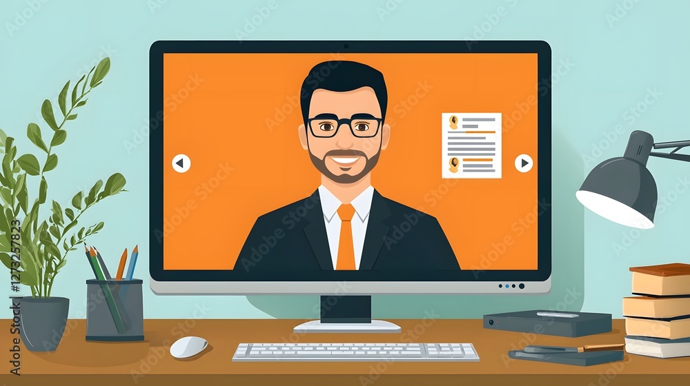 Professional Online Interview Setup with Candidate Visible on Computer Monitor Screen in Home Office or Workspace Environment Professional Online Interview Setup with Candidate Visible on Computer Monitor Screen in Home Office or Workspace Environment