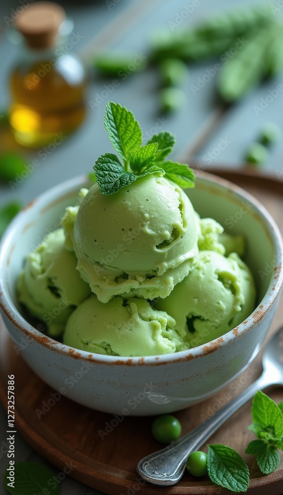 Beautifully plated scoop of green pea ice cream with fresh mint garnish on a rustic wooden table Beautifully plated scoop of green pea ice cream with fresh mint garnish on a rustic wooden table