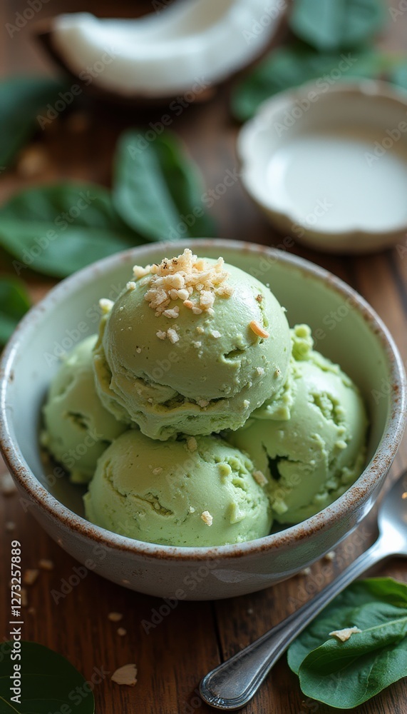 Spinach ice cream served in a rustic bowl with crushed nuts for added texture Spinach ice cream served in a rustic bowl with crushed nuts for added texture