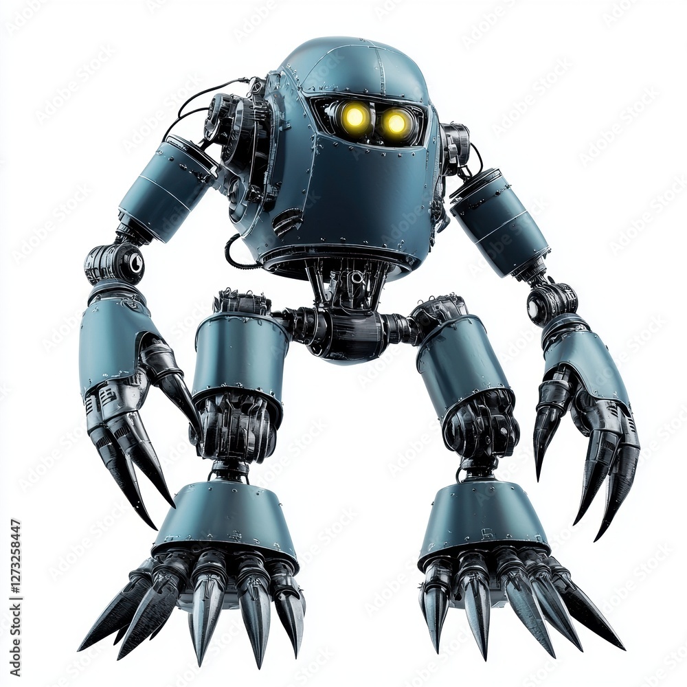 Fototapeta premium Robot monster with metal claws isolated on white background