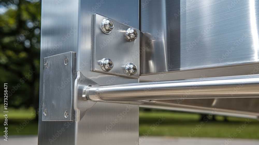 A close-up of an aluminum gate's hinge and locking system, showcasing its robust construction A close-up of an aluminum gate's hinge and locking system, showcasing its robust construction