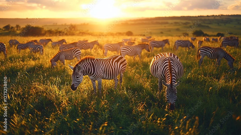 Naklejka premium Zebras graze in grasslands at sunset in the African savanna. Nature photography use