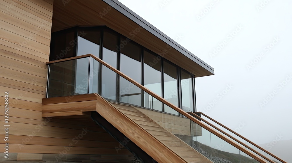 Fototapeta premium A coastal home featuring corrosion-resistant aluminum handrails, designed to withstand salty air